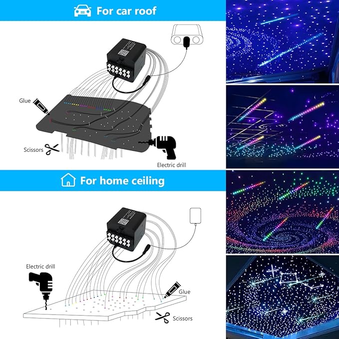 AKEPO 36W 4 Color Twinkle Fiber Optic Starlights Headliner Lights Kit, Optical Fibers Music Sync Bluetooth APP Control Starlight Kit, 1800pcs*13.1ft +240pcs Colorful Shooting Star