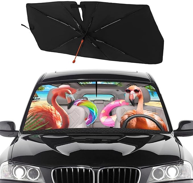 Socira Funny Flamingo Car Windshield Sun Shade Umbrella Foldable Sunshade for Front Window Auto Windshield Sunshade Covers Car Accessories Protect from Sun Rays Heat 57'' X 30''