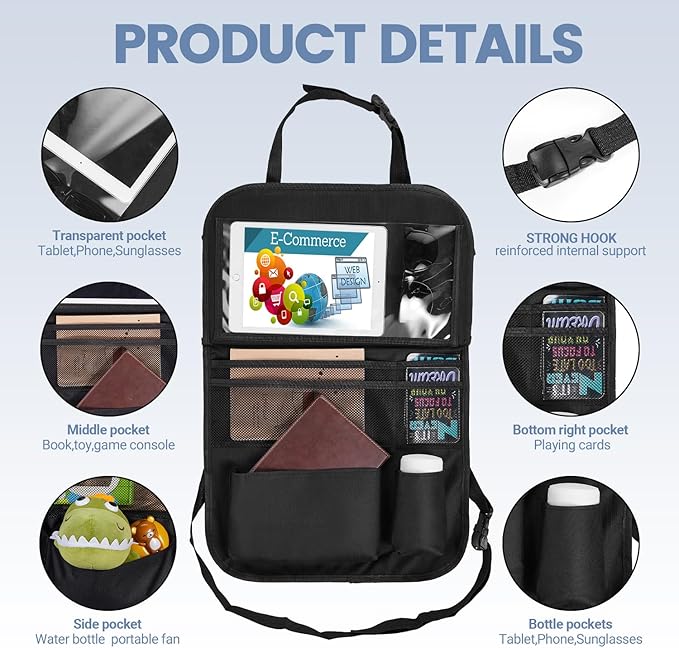 Back Seat Car Organizer with Tablet Holder-2 Pack,6 Storage Pockets Car Storage Organizer with Foldable Food Tray Seat Back Protectors Kids Kick Mats for Travel