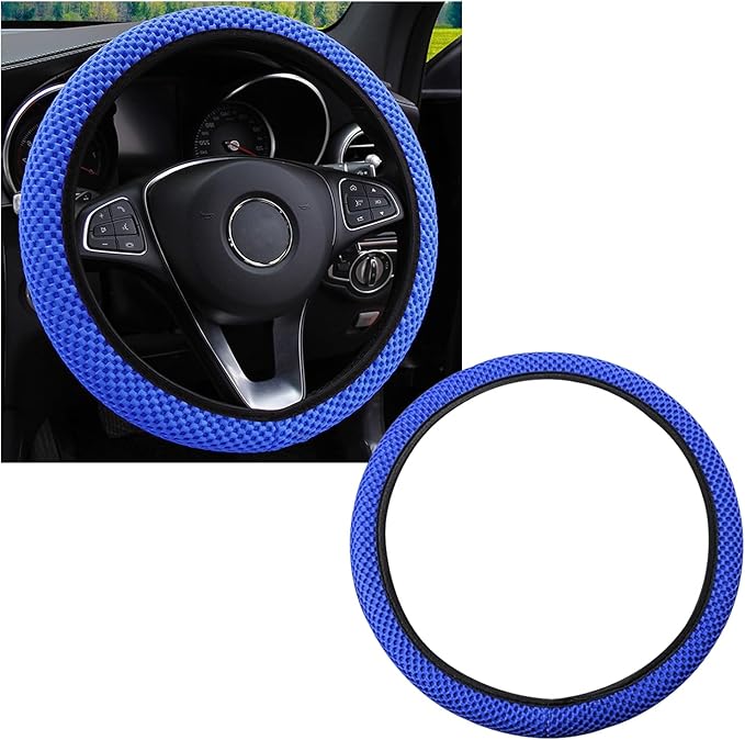 Kewucn Car Elastic Stretch Steering Wheel Cover, Soft Microfiber Breathable Ice Silk, Universal 15 Inch Anti-Slip Auto Steering Wheel Protector, Fit Car, SUV, Van, Sedan, Truck (Blue)