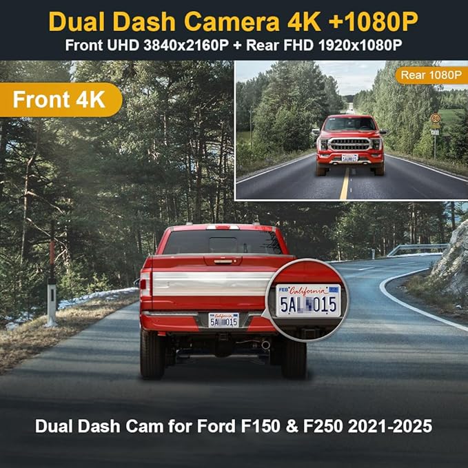 Fitcamx Front 4K+Rear 1080P Dash Cam Adapts for Ford F150 F250 2021-2025 Limited XLT XL Raptor Lariat Platinum King Ranch Tremor, OEM Look, Dual HD Video, WiFi&APP, Loop Recording, G-Sensor,128GB Card