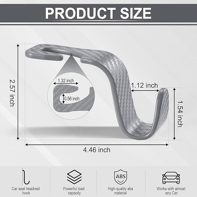 LivTee Car Purse Hook, 4 Pack Universal Auto Seat Headrest Hook Hangers Organizer for Coats, Umbrellas, Groceries - Carbon Fiber Gray