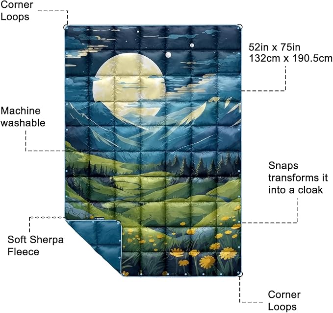 zzlamb Camping Blanket for Cold Weather,Outdoor Puffy Blanket Portable Down Alternative,Windproof Warm Cloak with Snaps,Cozy Quilt Backpacking Picnic RV Travel Plane Car Hammock Beach Climbing