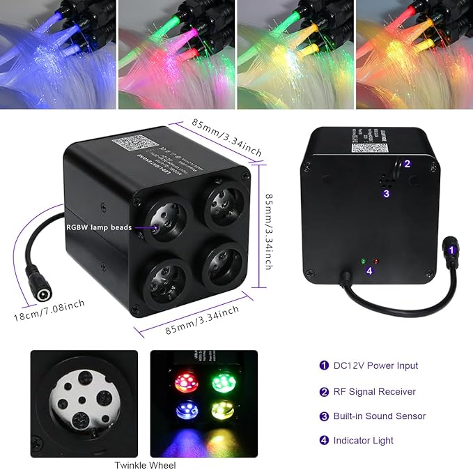 AZIMOM 4Port 36W Twinkle 1200pcs 0.03in 9.8ft Fiber Optic Starlight Headliner Kits 4Colors Light Source Sound Activated Remote APP Control Home Indoor Ceiling Car Headliner Decoration