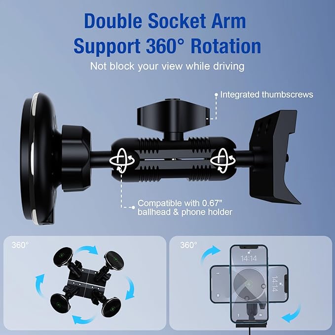 Car Charger Phone Mount for Toyota Tacoma 2016-2023, 3rd Gen Tacoma Dashboard Clip Cell Phone Cradles 360° Adjustable 20x Strong Magnet Phone Stand Cellphone Holder Fit for All Smartphones