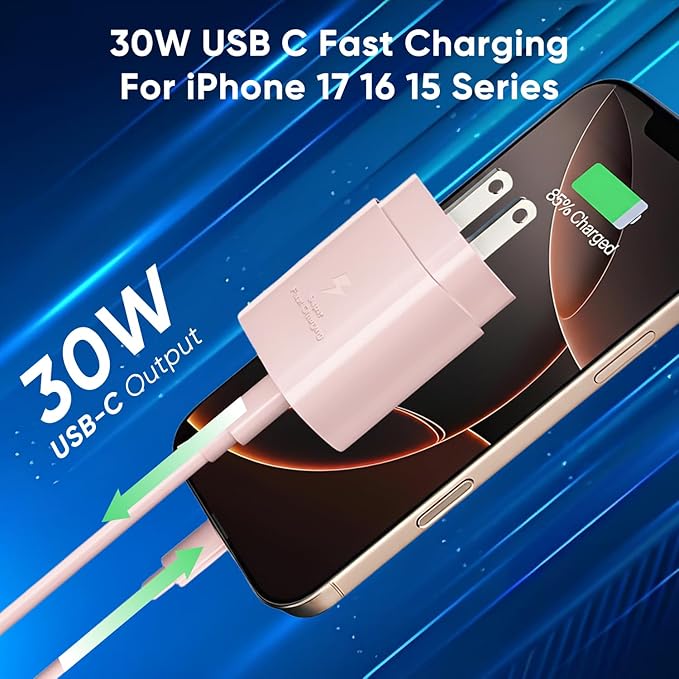 iPhone 17 16 15 Charger Fast Charging 10FT Cable, 30W USB C Charger Block for i Phone 15 16 16e 17 Air Plus Pro Max/iPad Pro/AirPods, PD USBC Power Adapter Wall Plug & Type C to C Cord (Pink, 10FT)