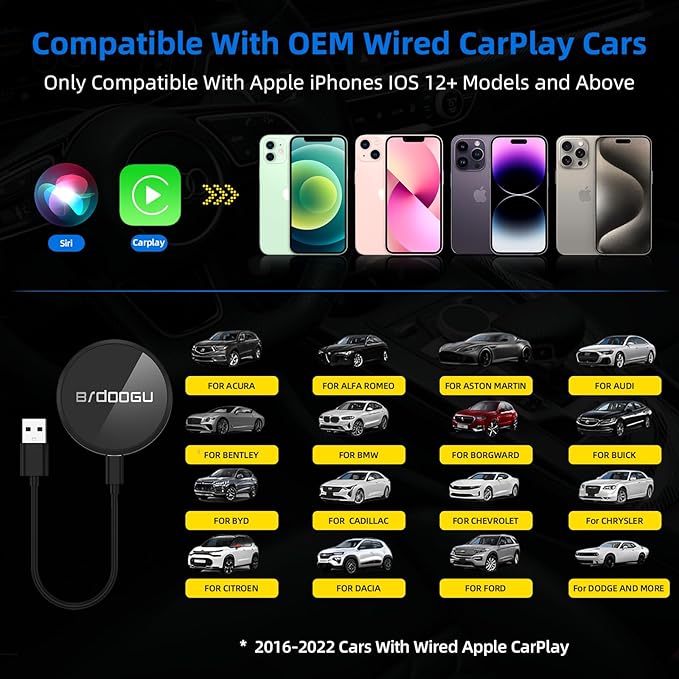 Wireless CarPlay Adapter Compatible with Apple iPhone (2025 Upgraded) - Multi-User Seamless Connection for Convert Wired to Wireless Car Play Adapter - No Latency from iOS 10+ to Screen w/USB C