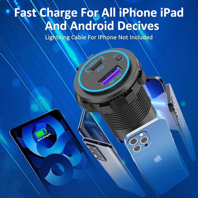 83W12V USB Outlet Qidoe 65W USB C for Laptop Car Charger Socket Quick Charge3.0 18W with Power Switch Long Body Waterproof Adapter for Car Boat Marine Truck Golf RV