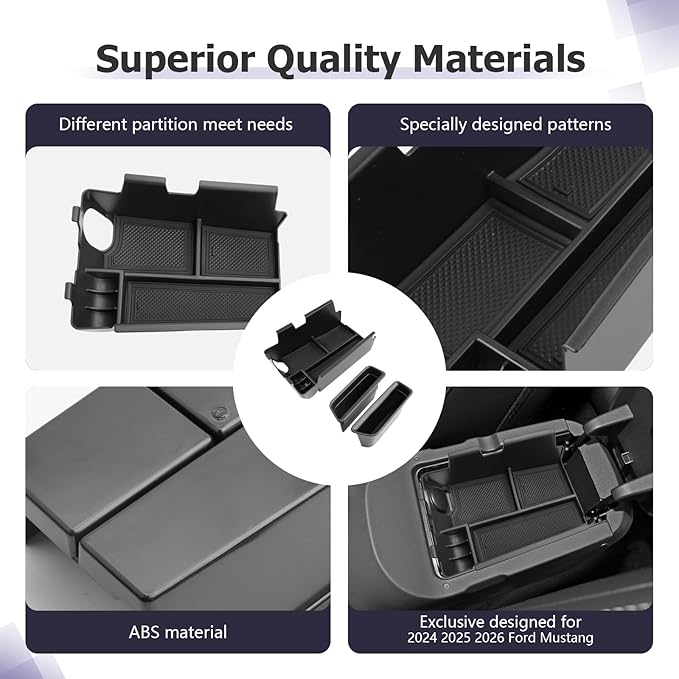 LUWU 3PCS 2025 2026 Mustang Center Console Organizer Compatible with Ford Mustang 2024 2025 2026 Accessories Armrest Console Storage Box Insert Tray Door Side Tray ABS Material Coin Container Black