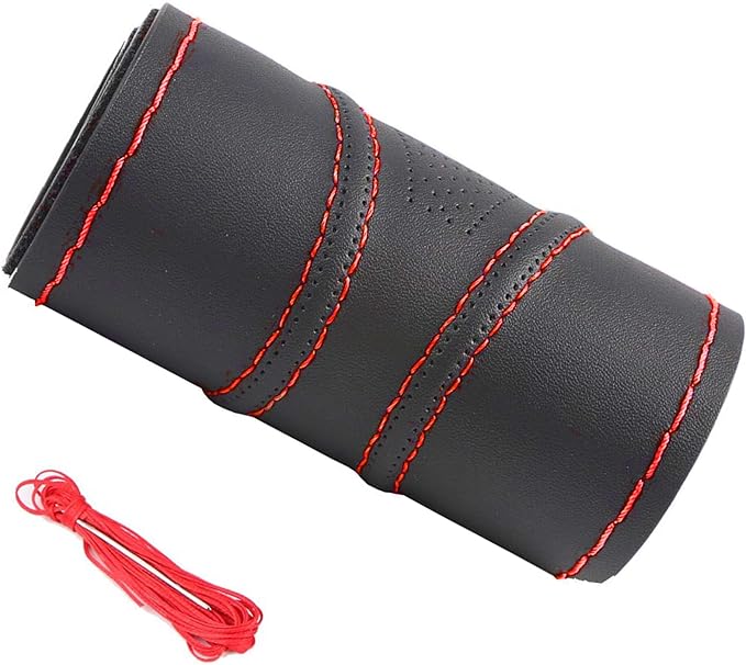 15 Inch Universal Micro Fiber Leather Car Steering Wheel Cover Stitch On Wrap with Needle & Thread Anti-Slip Auto Steering Cover for Woman DIY Red Line