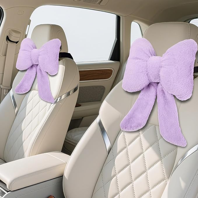Bow Car Headrest Pillows Plush Car Neck Pillows for Travel Driving Office Chair Head Support Cushions, Also Cute Car Decor Accessories (2PCS Purple)