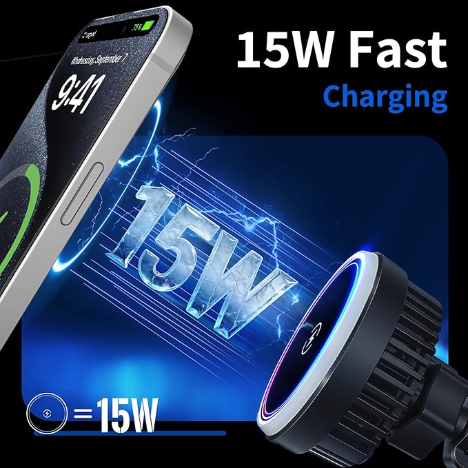 Magnetic Phone Holders for Your Car, Magsafe Cooling Car Mount Charger, Vent & Dashboard Cell Phone Mount, 15W Wireless Fast Charging for iPhone & Android, 360 Rotatable & Hands Free, Car Accessories