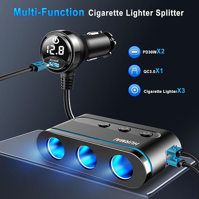 Cigarette Lighter Splitter,3 Socket Cars Cigarette Lighter Adapter,Heavy Duty Truck USB Chager Multi Port with PD30W/QC3.0 USB C 12/24V Car Plug Outlet with LED Voltage Display Independent Switches