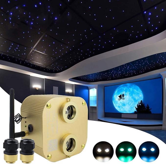 AZIMOM Dual Port 20W Twinkle Fiber Optic Starlight Box Sound Activated RGBW Fiber Optic Light Source APP/Remote Control Dual Head Light Engine Driver for Car Home Ceiling Star Lighting Decor