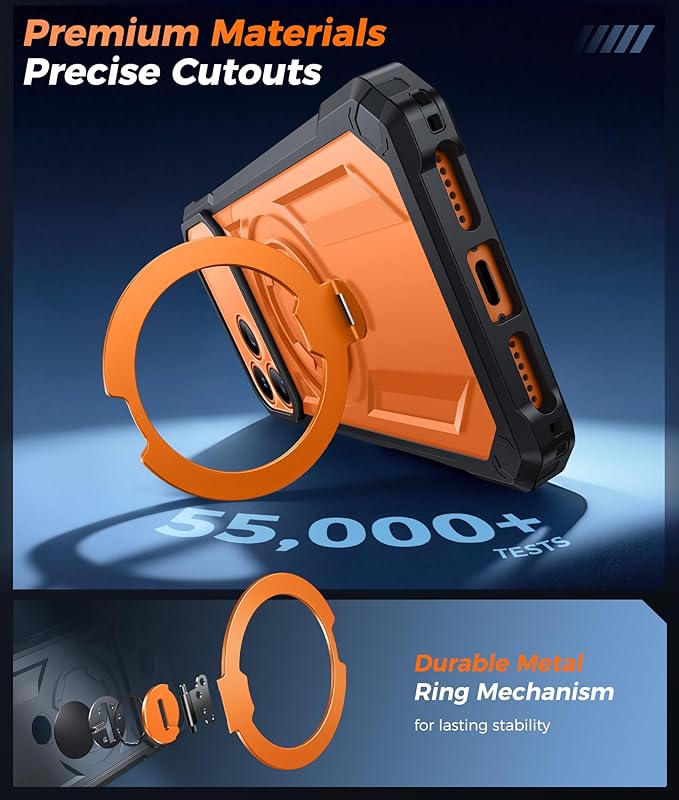 FNTCASE for iPhone 17 Pro Case: [360 Spin Magnetic Ring Kickstand] [Compatible for MagSafe] [Screen Protector] Heavy Duty Military Grade Protection Protective Phone Case with Stand Translucent Orange