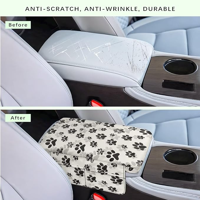 Dreaweet Cute Center Console Cover Black Dog Paw Print Car Arm Rest Cover Pad with Pockets Soft Comfy Thick Armrest Cover Universal Fit Auto Accessories Interior for Women