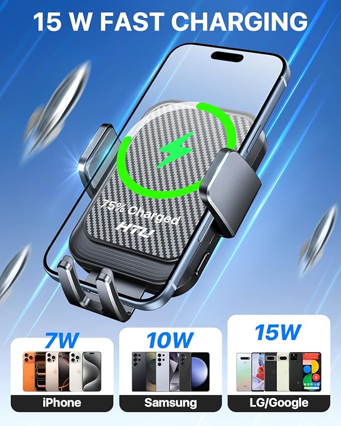 Wireless Car Charger with Phone Holder Mount, 15W Fast Charging Auto Clamping Phone Holders for You Car Windshield Dashboard Air Vent Accessories for iPhone, Samsung Galaxy (Black)