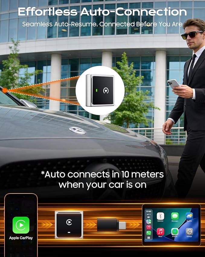 Houflody Wireless CarPlay Adapter for Apple iPhone iOS 10+, (2026 Upgrade) Mini Aluminium CarPlay Adapter Converts Wired to Wireless, Plug & Play, Auto Connect Fast and Stable, with USB-C, Silver