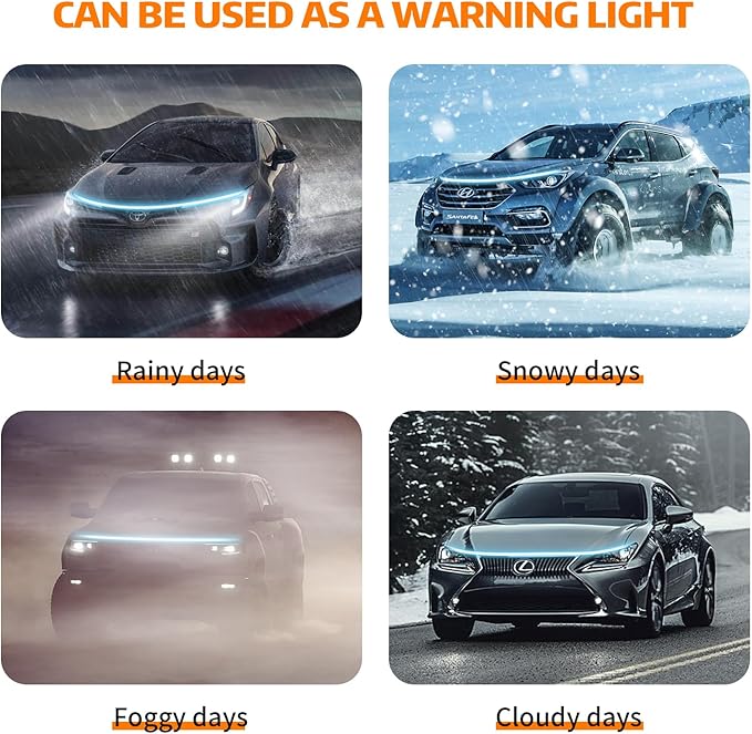 Car Hood LED Light Strip Exterior Flexible Dynamic Scan Daytime Running for Hoodbeam Kit 12v Silicone Waterproof Lights for Cars SUVs(Ice Blue,70IN)
