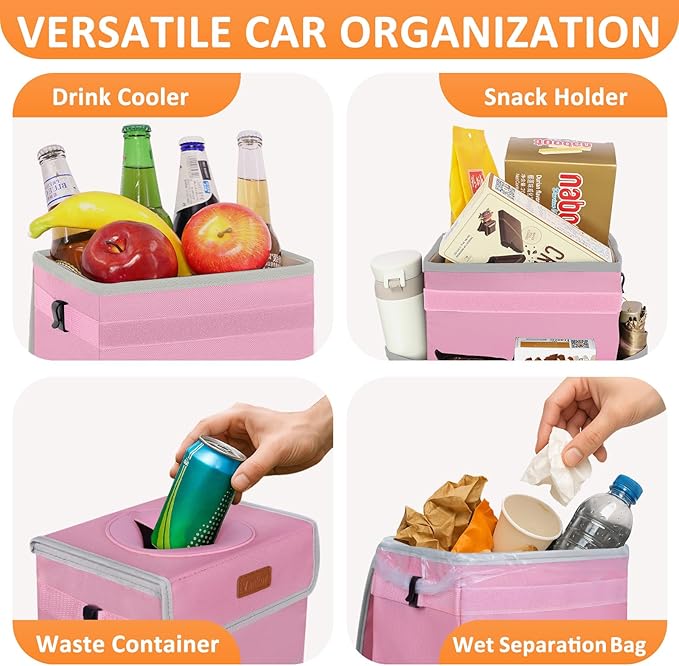 Vankor Pink Car Trash Can Cute, Pink Car Accessories for Women Waterproof Automotive Garbage Cans Leak Proof Vehicle Trash Can