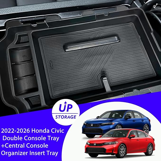 2025 2026 Civic Double Center Console Organizer Tray for 2022-2026 Honda Civic 11th Gen Sedan Hatchback LX EX Sport 2025 Accessories Civic 2026 Central Console Organizer Insert Tray(2pcs)