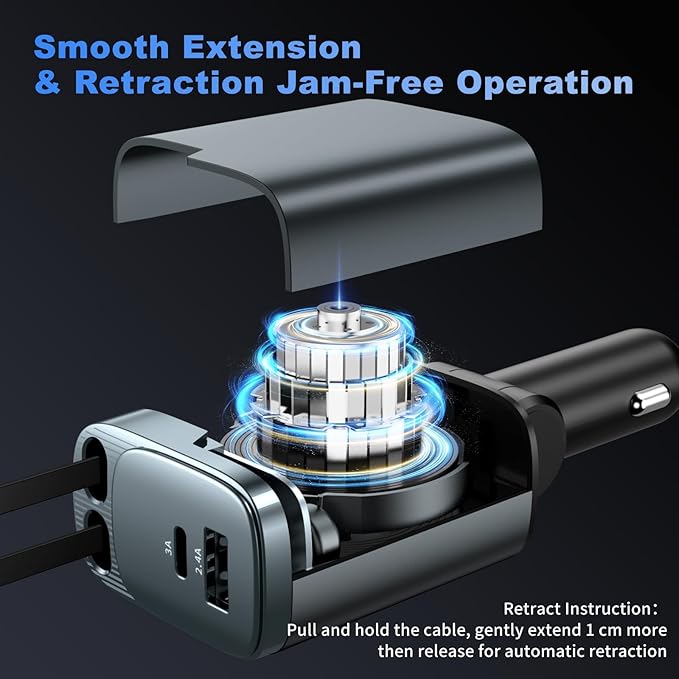 Retractable Car Charger 4 in 1, Car Charger USB C Fast Charge 84W Cigarette Lighter USB Charger, Travel Essentials Car Accessories Gifts for Men Women for iPhone 17 16 15 14 13 12 Pro Max, Samsung