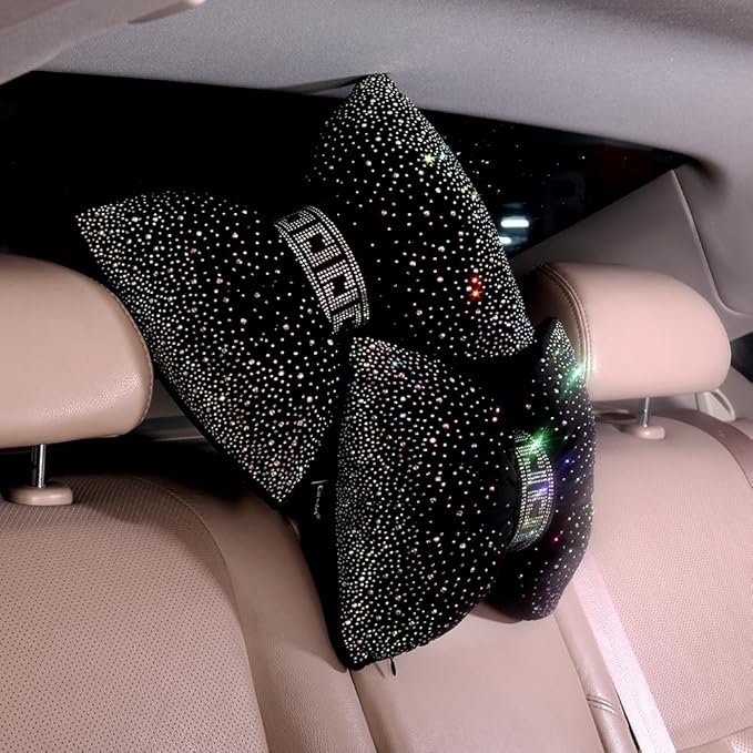 Bow Neck Support Pillow for Driving Seat Travel Head Rest Sparkly Bling Car Accessories Sparkly Rhinestone Headrest Black 2pcs for Women Men