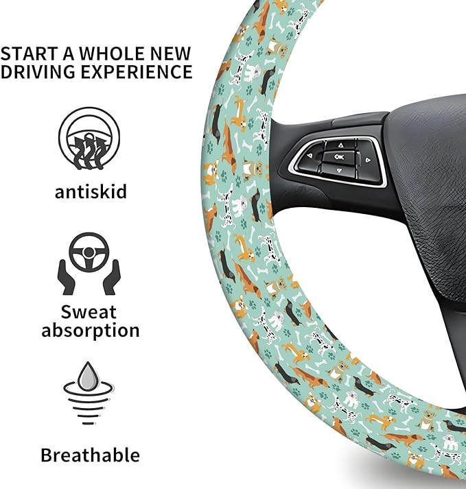 Elastic Car Steering Wheel Cover, Universal 15 inch Non-Slip Breathable Neoprene Steering Wheel Protector, Car Accessories for Women Men Fit Auto, Suvs, Truck Cute Dogs