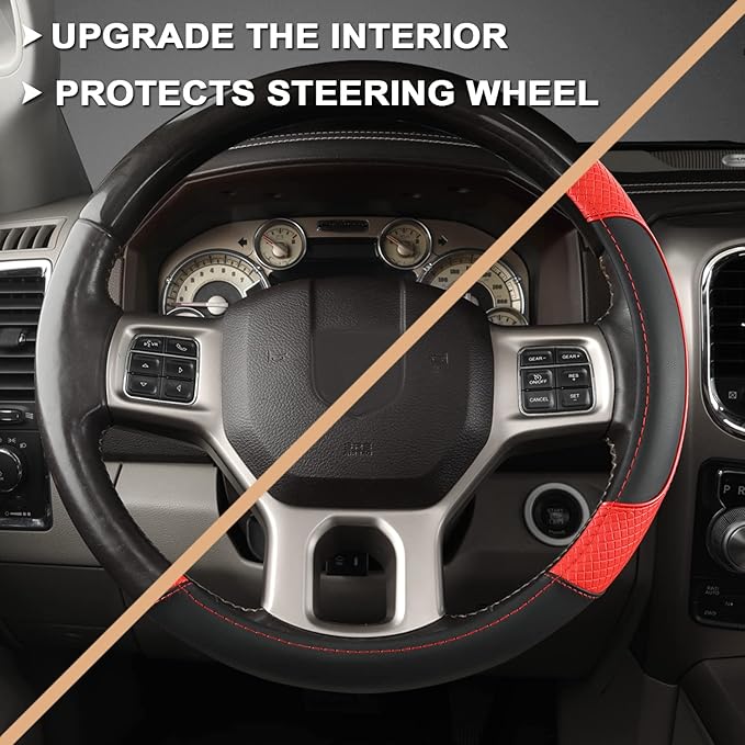 GIANT PANDA Car Steering Wheel Cover for Dodge Ram 1500 2500 3500 15.5-16 inches - Black+Red