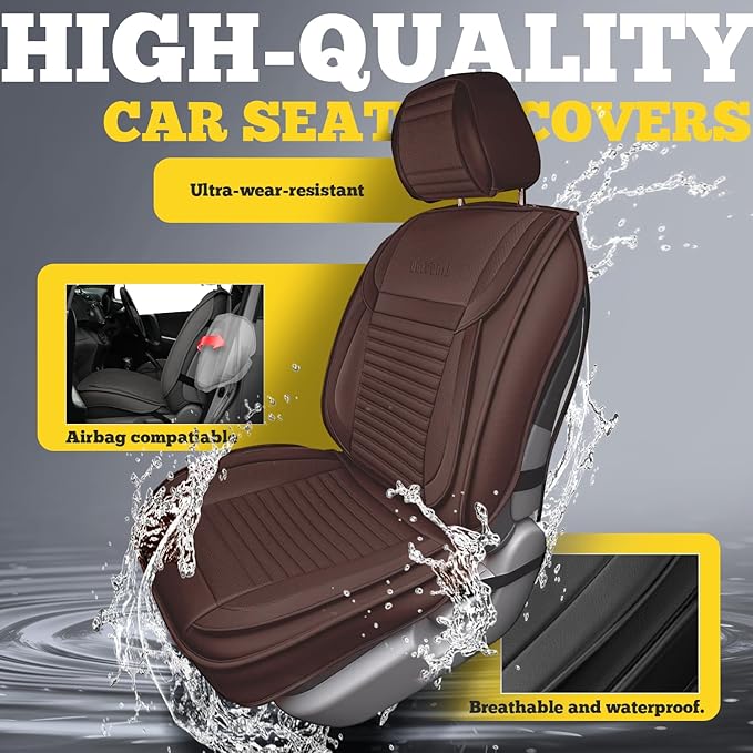 LINGVIDO Front Car Seat Covers, Faux Nappa Leather, Airbag Compatible and Waterproof Protectors for Sedans SUVs, Breathable Anti-Slip Interior for Commuters and Rideshare, Brown