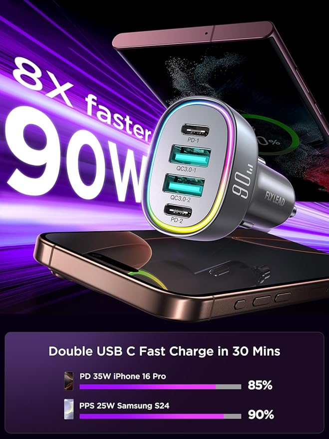 Car Charger USB C, 4 Port 90W Super Fast Charging for iPhone 17 Car Adapter, Dual PD 45W Type C & QC 3.0 USB A Multiport Car Cigarette Lighter Accessories for iPhone 16 15, iPad, Galaxy S26, Titanium