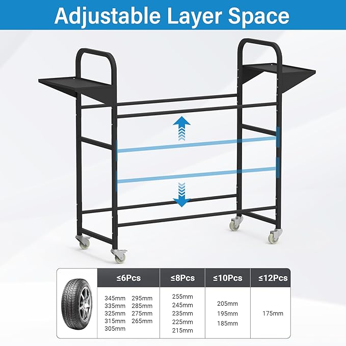 Tire Storage Rack 44" x 44" x 18" with Anti-Dust Cover, Rolling Adjustable Black Alloy Steel Tire Rack for Garage with 4 Swivel Casters & 2 Storage Shelves