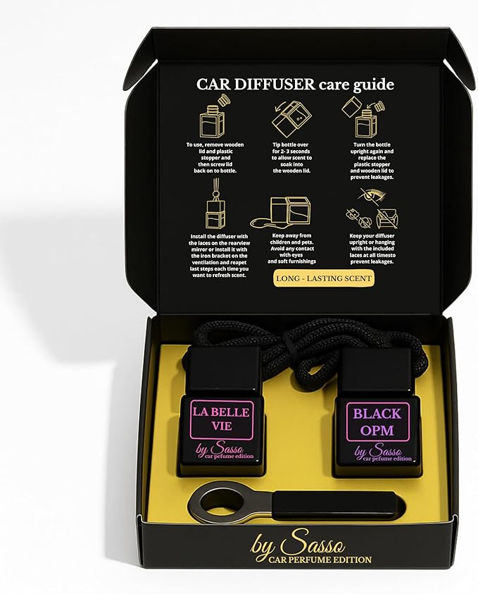 Car Diffuser Duo “La Belle Vie & Black OPM” – Inspired by Designer Women’s Scents – Elegant, Long-Lasting Car Fresheners – Gift-Ready - Fragrance By Sasso