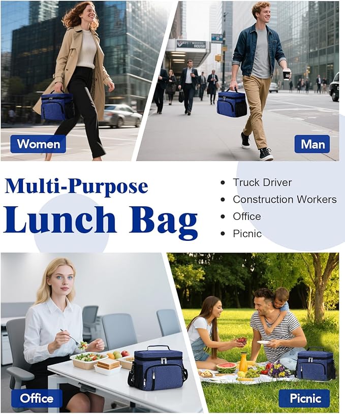 Insulated Lunch Bag for Men & Women, 9L Leakproof Lunch Box Soft Cooler Tote with 5 Pockets, 600D Oxford, EVA Lining, Adjustable Strap for Work, Picnic, Beach&Travel-Navy Blue