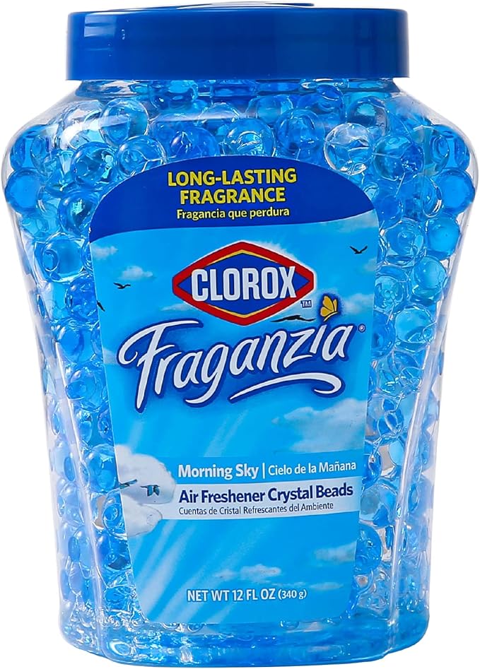 Clorox Fraganzia Crystal Beads Air Freshener, Long Lasting Room Deodorizer and Odor Eliminator Gel Beads to Freshen Home, Car, or Office, Morning Sky Scent, 12 Fl Oz - 6 Pack