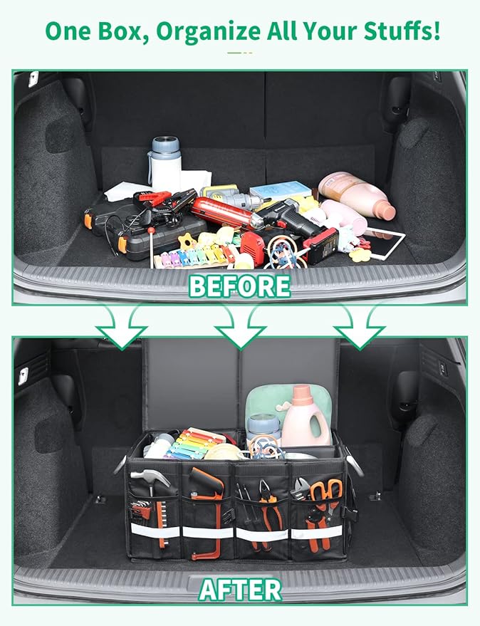Oasser Trunk Organizer Cargo Organizer Trunk Storage Waterproof Collapsible Durable Multi Compartments with Foldable Hard Cover Aluminium Alloy Handle Reflective Strip (Large, Black)