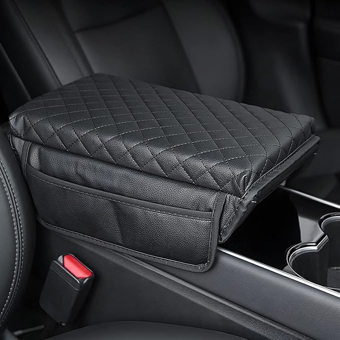 zipelo Car Armrest Cushion, Carbon Fiber Leather Auto Center Console Pad, Memory Foam Armrest Box with Storage Bag, Hand Rest Pillow with Organizer Pockets, Universal Fit for Most Vehicles (Beige)