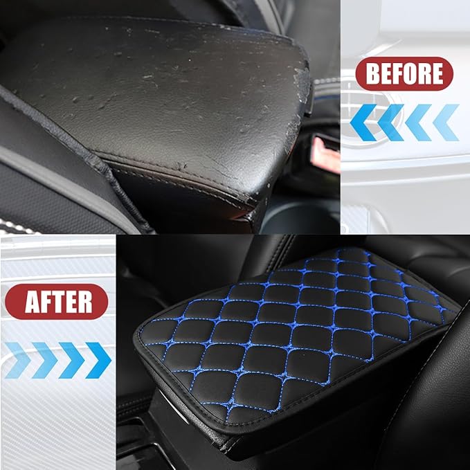 Car Center Console Cushion Pad, PU Leather Vehicle Armrest Cover Protector, Anti-Scratch Automotive Interior Arm Rest Seat Box Mat Accessories, Universal for SUV Sedan Truck (Black/Blue)