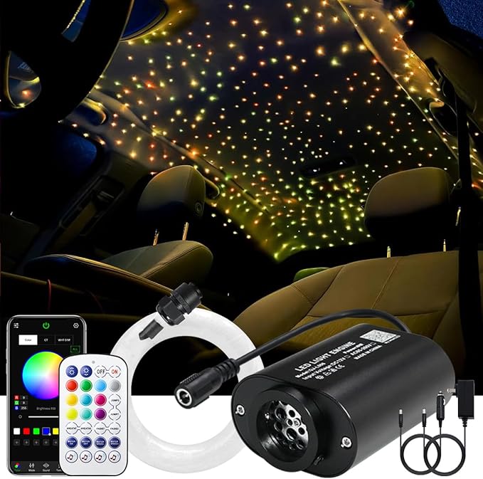AKEPO 6W Mini Size Twinkle RGBW Fiber Optic Lights, 300pcs 0.03in 9.8ft/3m APP Control Music Activated Optical Fiber Star Ceiling Light Kit for Home and Car Starlight Headliner kit