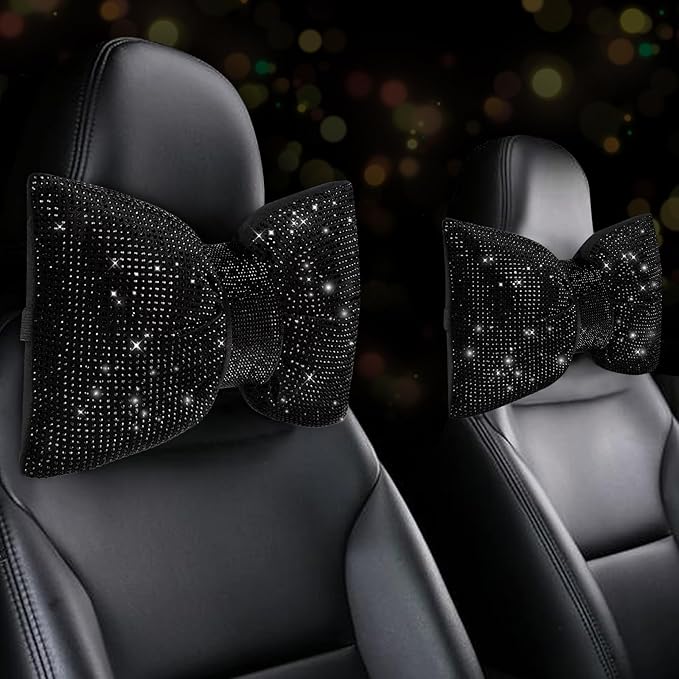 2 PCS Bling Car Pillows,Rhinestones Bowknot Car Headrest Pillow,Car Neck Pillow for Driver Relax Necksupport,Sleeping Travel Support Neck Pillow,Shiny Diamond Interior Accessories for Women,Black