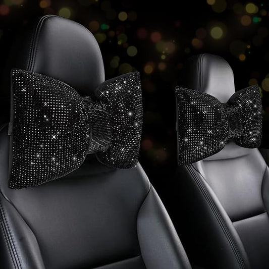 2 PCS Bling Car Pillows,Rhinestones Bowknot Car Headrest Pillow,Car Neck Pillow for Driver Relax Necksupport,Sleeping Travel Support Neck Pillow,Shiny Diamond Interior Accessories for Women,Black