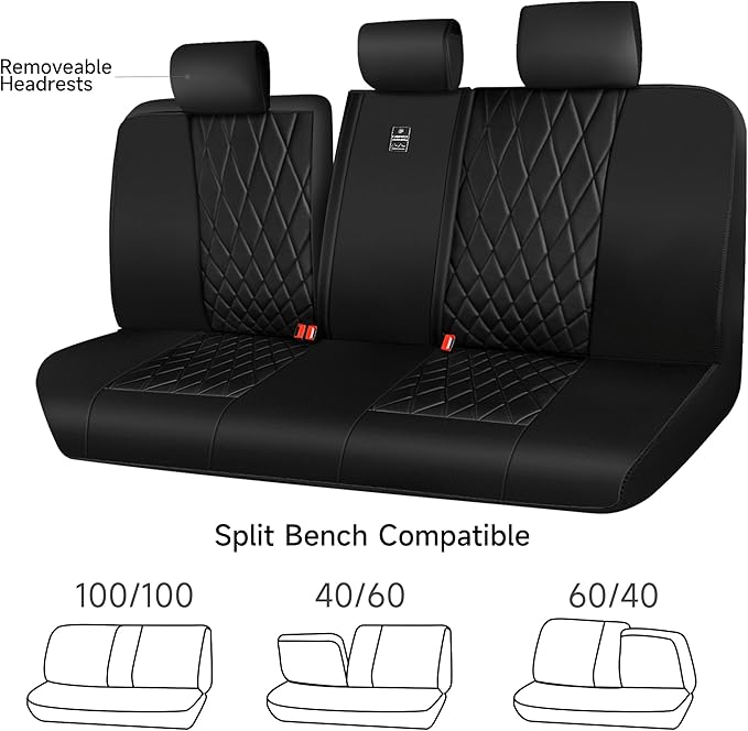 CAR PASS Luxury Faux Leather Rear Bench Car Seat Covers, Waterproof Anti Slip Back Seat Covers, Deluxe Automotive Backseat Cover Universal Fit for Most Cars Sedan SUV Pickup Truck (All Black)