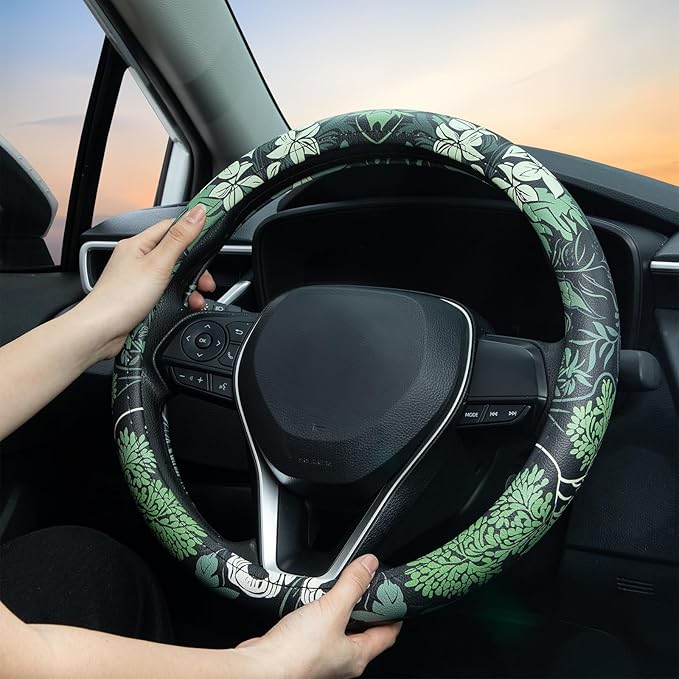 Sage Green Floral Steering Wheel Cover Auto Leather Steering Wheel Protector, Anti-Slip, Breathable, Absorbing Sweat, Universal Floral Car Accessories 14.5–15 inch,Fit for Most Car, Trucks, SUV
