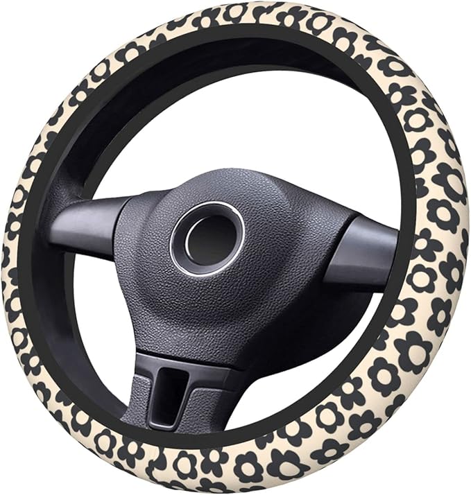 Flowers Vintage Groovy Steering Wheel Cover Universal 15 Inch Cute Car Accessories Protector for Women Men