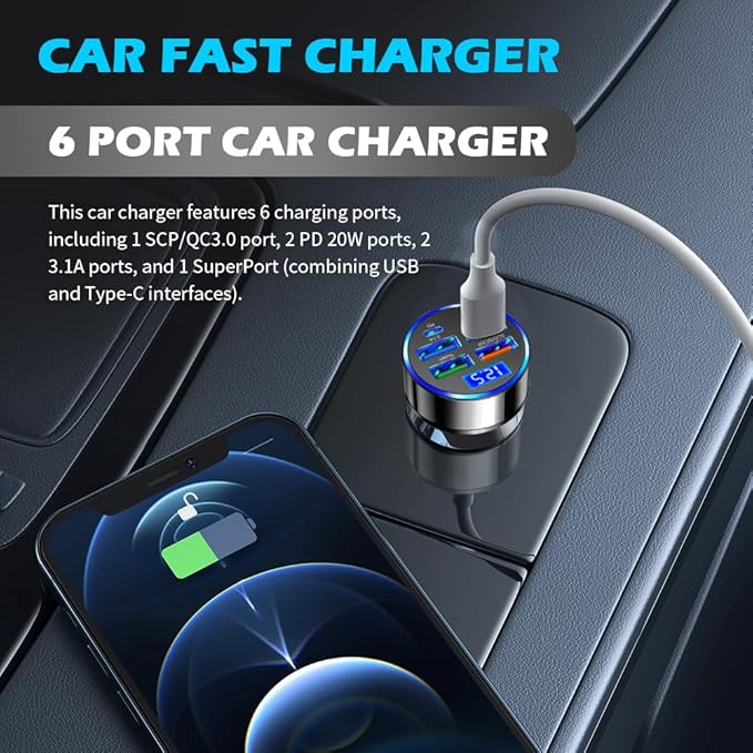 6 Ports Car Cigarette Lighter Adapter with LED Voltage Display,Fast Charging Car Charger Port Includes PD/QC3.0/SCP/3.1A/Super,24V 12V Cars Adapter Cars Lighter USB Adapters