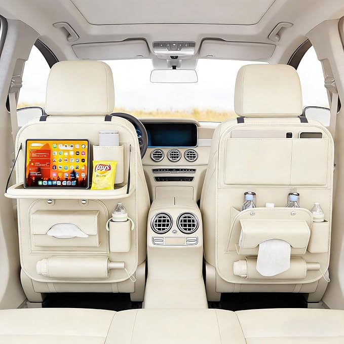 Universal Premium Leather Foldable Car Backseat Organizer with Table Tray, Car Seat Back Protector with Garbage Bag Touch Screen Pad Holder, Car Kick Mats Protector with Tissue Holder (Beige)