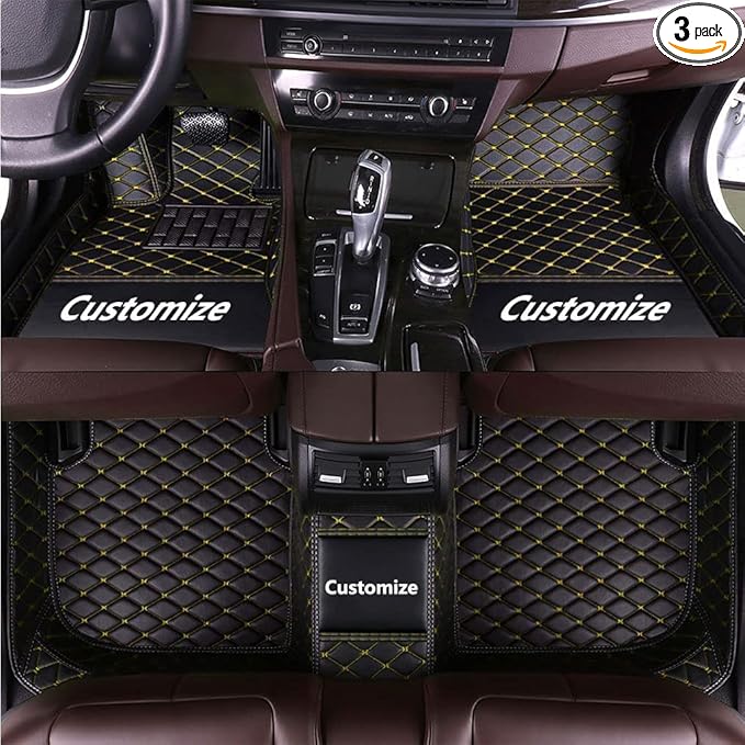 Custom Fit Car Floor Mats - Full Coverage Automotive Leather Floor Liners for Most Vehicles by MingyunSM (Black Yellow)