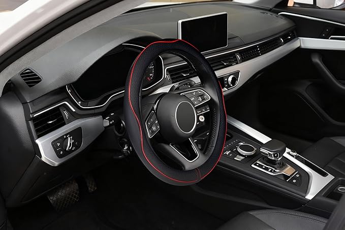 LABBYWAY Microfiber Leather Steering Wheel Cover, Universal 14.5-15 Inch,Anti Slip,Heavy Duty, Thick,Soft,Breathable Car Interior Accessories for Men Women (Black with Red line)