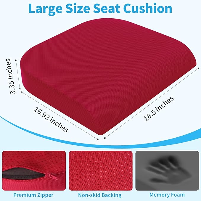XLarge Seat Cushion, Memory Foam Cushion for Long Sitting Hours on Office Chair, Home & Car, Non-Slip Chair Pad for Relieving Back & Sciatica & Hip & Coccyx Pain (Red)