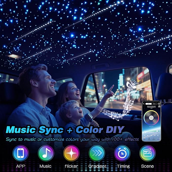 Meteor Twinkle 750 pcs 6.5ft Starlight Headliner Light,16W LED Star Ceiling Fiber Optic Light Kit APP/Remote Control for Car/Home/Party